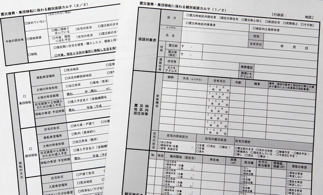東日本大震災の復興まちづくりで、住民の意向を聞くために活用された「復興カルテ」。阪神・淡路大震災で北淡町（現淡路市）が作成したものを参考に作られた 
