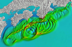 南海トラフ巨大地震の津波のシミュレーション（内閣府提供）