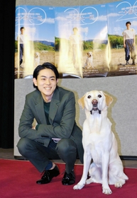 “相棒”の災害救助犬を演じたハローと再会し、笑顔を見せる菅田将暉さん＝東京都渋谷区、ＮＨＫ放送センター