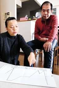 ２年前に脳梗塞で倒れ、リハビリに励む竹内利幸（右）と妻の洋子。洋子が描いた復興曲線は、夫の病気で大きく落ち込む＝神戸市長田区大道通（撮影・岡本好太郎）