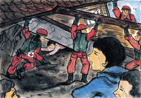 大川さんが救出されるシーンを描いた紙芝居