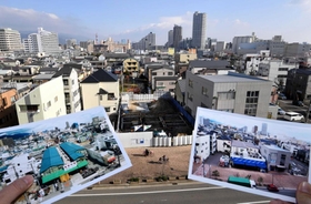 震災後、定点撮影を続けてきた場所から。左下は仮設店舗の菅原市場の写真（１９９６年３月）、右下は味彩館の写真（２０１４年６月）＝神戸市長田区菅原通５丁目から同４丁目を望む