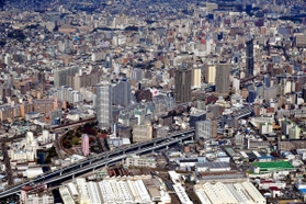 キャナルタウンのあるＪＲ兵庫駅周辺（南側上空から臨む）