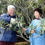 ビワの木の下で、ほほ笑む廣岡卓樹さん、ひろ子さん＝淡路市室津