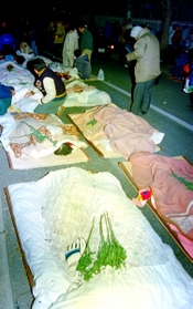 延焼の恐れがあるため避難所から運び出され、路上に並べられた遺体＝１９９５年１月１８日夜、神戸市東灘区本山中町１、本山第三小学校前
