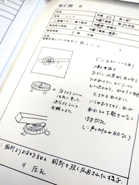 はりが机に直撃し、潜り込んでいた女性が犠牲になった状況を記す「井宮メモ」