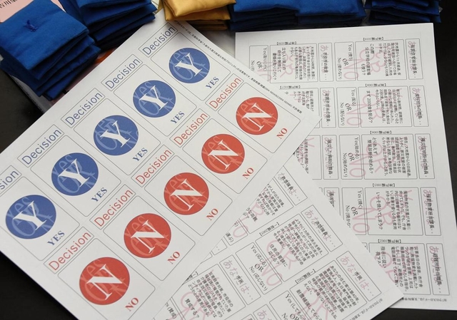 「ＹＥＳ」「ＮＯ」カードで多数派を競うクロスロード。多数派は青色の座布団が、答えが１人だけなら金色の座布団がもらえる