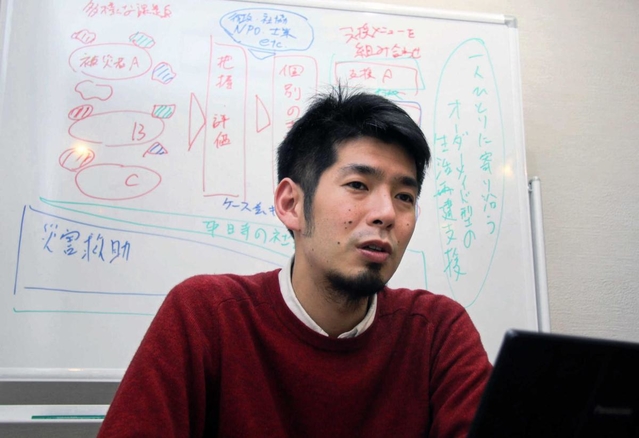行政とボランティア、ＮＰＯが連携した被災者支援制度の普及を推進する菅野拓さん＝神戸市中央区磯上通４