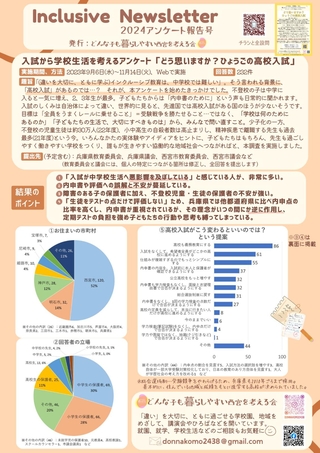 わたしたちが実施したアンケート「どう思いますか？ひょうごの高校入試」の結果をまとめたチラシ