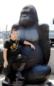 イベントで人気を集めるゴリラの置物と持ち主の西澤正一さん（左）＝須磨区若宮町１