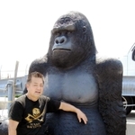 イベントで人気を集めるゴリラの置物と持ち主の西澤正一さん（左）＝須磨区若宮町１